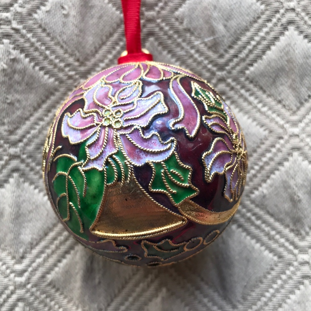 Wendell August Cloisonné Enameled 2” Ball Poinsettia Christmas Ornament